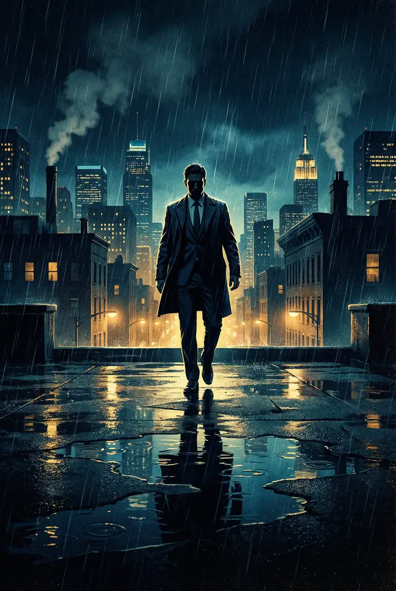 女人自熨图片 出品影片《雨夜独行者》海报，雨中城市屋顶男性剪影
